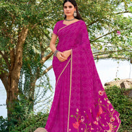 Purple chiffon bandhani embroidered saree