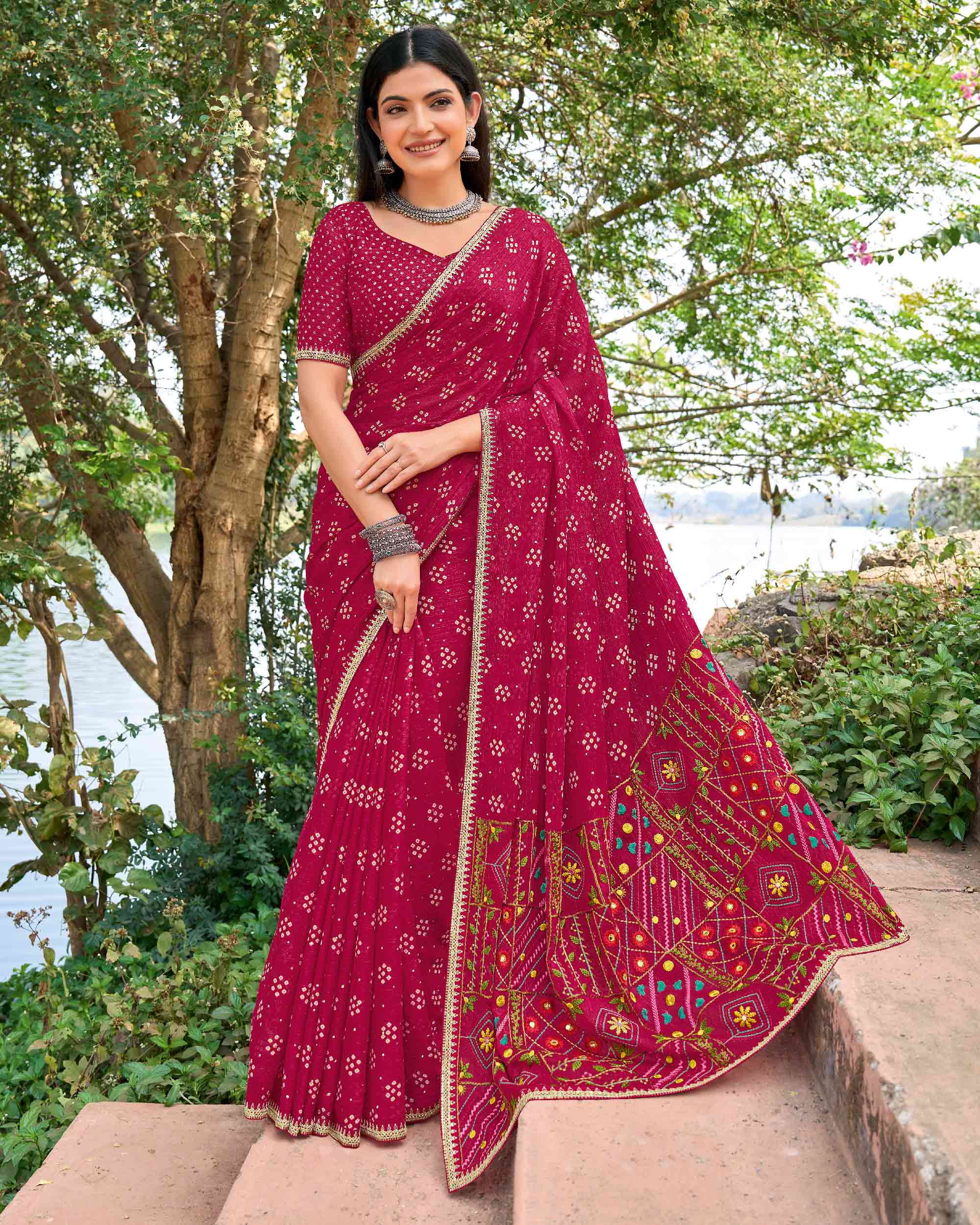 Pink chiffon bandhani embroidered saree 
