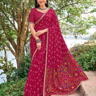Pink chiffon bandhani embroidered saree 
