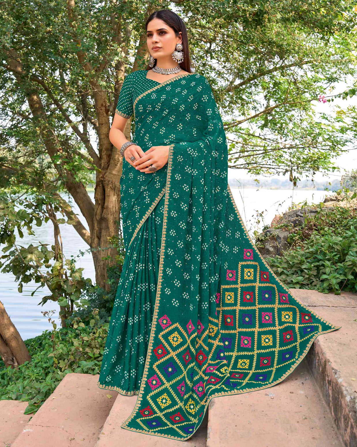 Green chiffon bandhani embroidered saree
