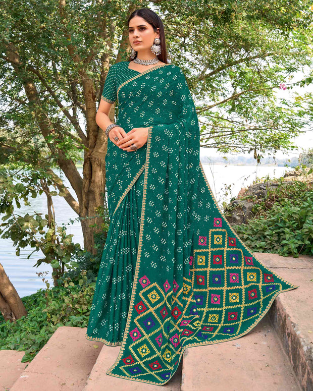 Green chiffon bandhani embroidered saree