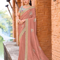 Laxmipati Makhmali Peach Silk Blend Floral Embroidered Saree