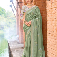 Laxmipati Makhmali Green Silk Blend Embroidered Saree