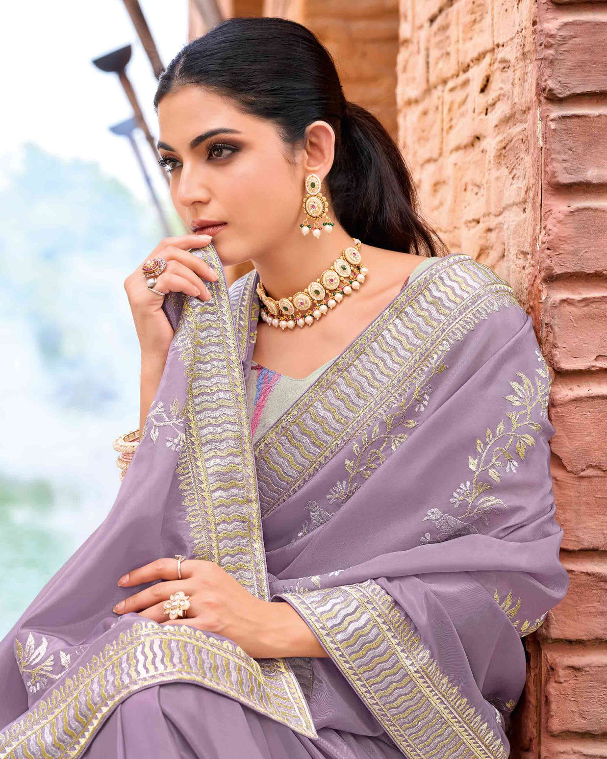 Laxmipati Makhmali Purple Silk Blend Embroidered Saree