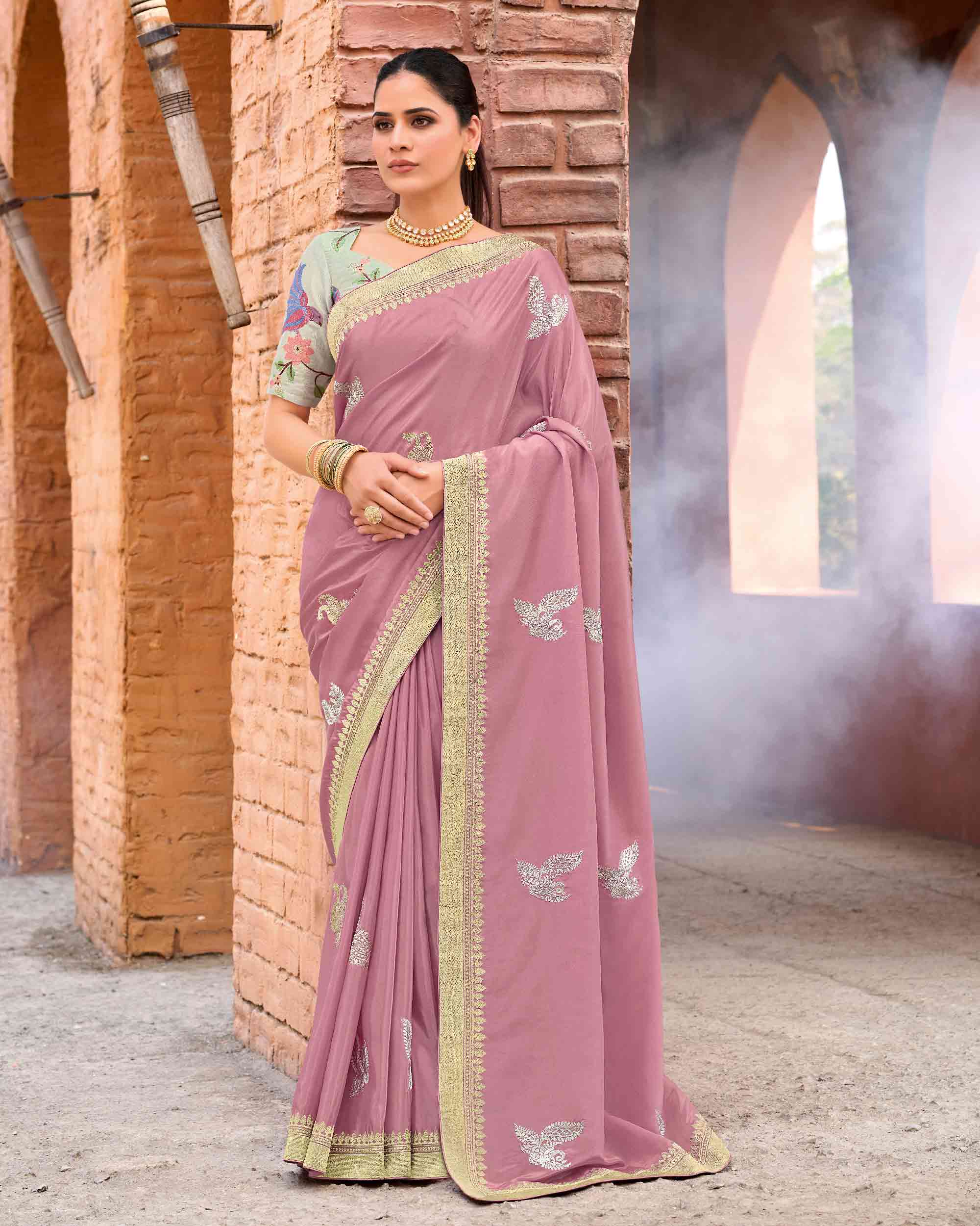 Laxmipati Makhmali Pink Silk Blend Embroidered Saree