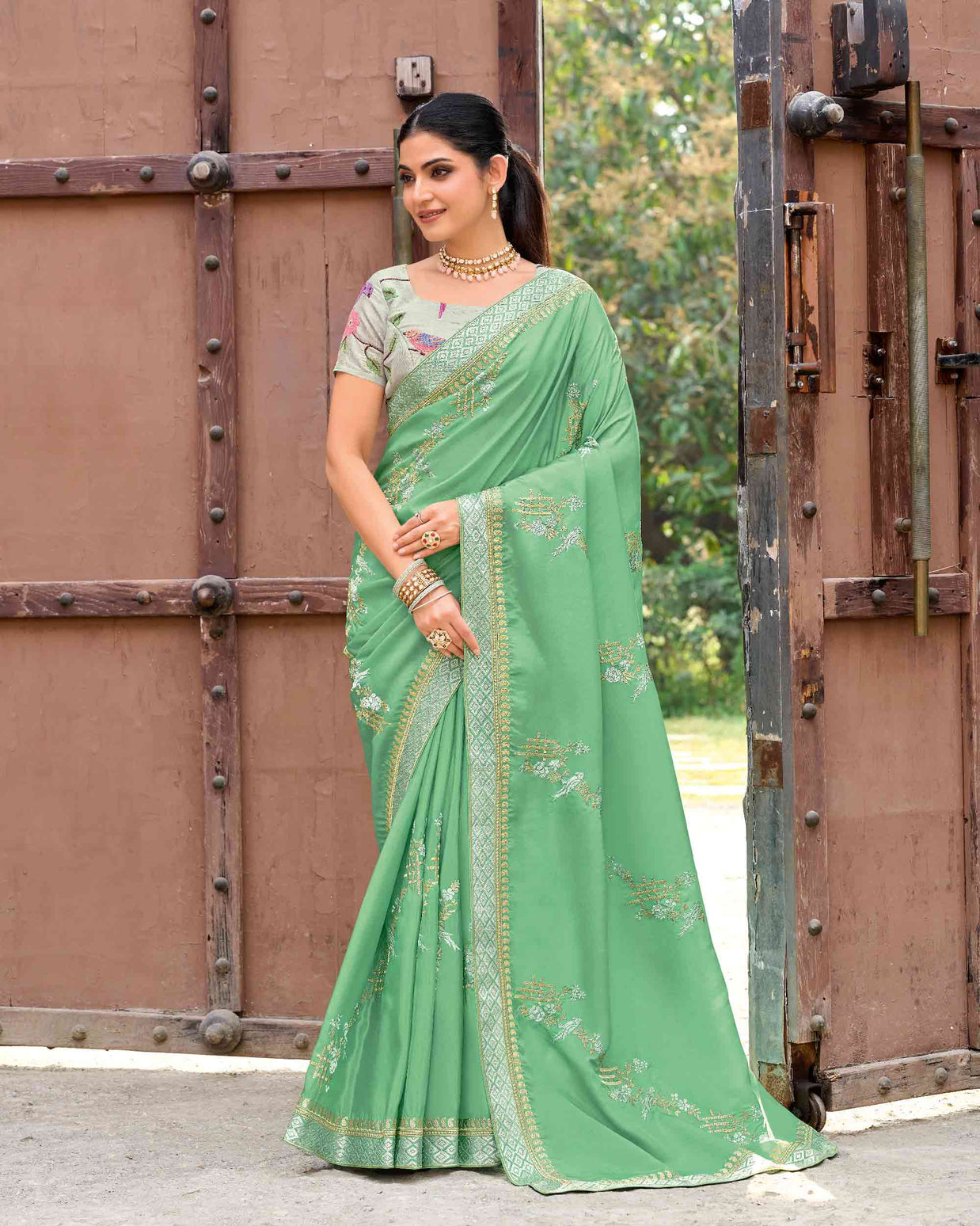 Laxmipati Makhmali Green Silk Blend Embroidered Saree