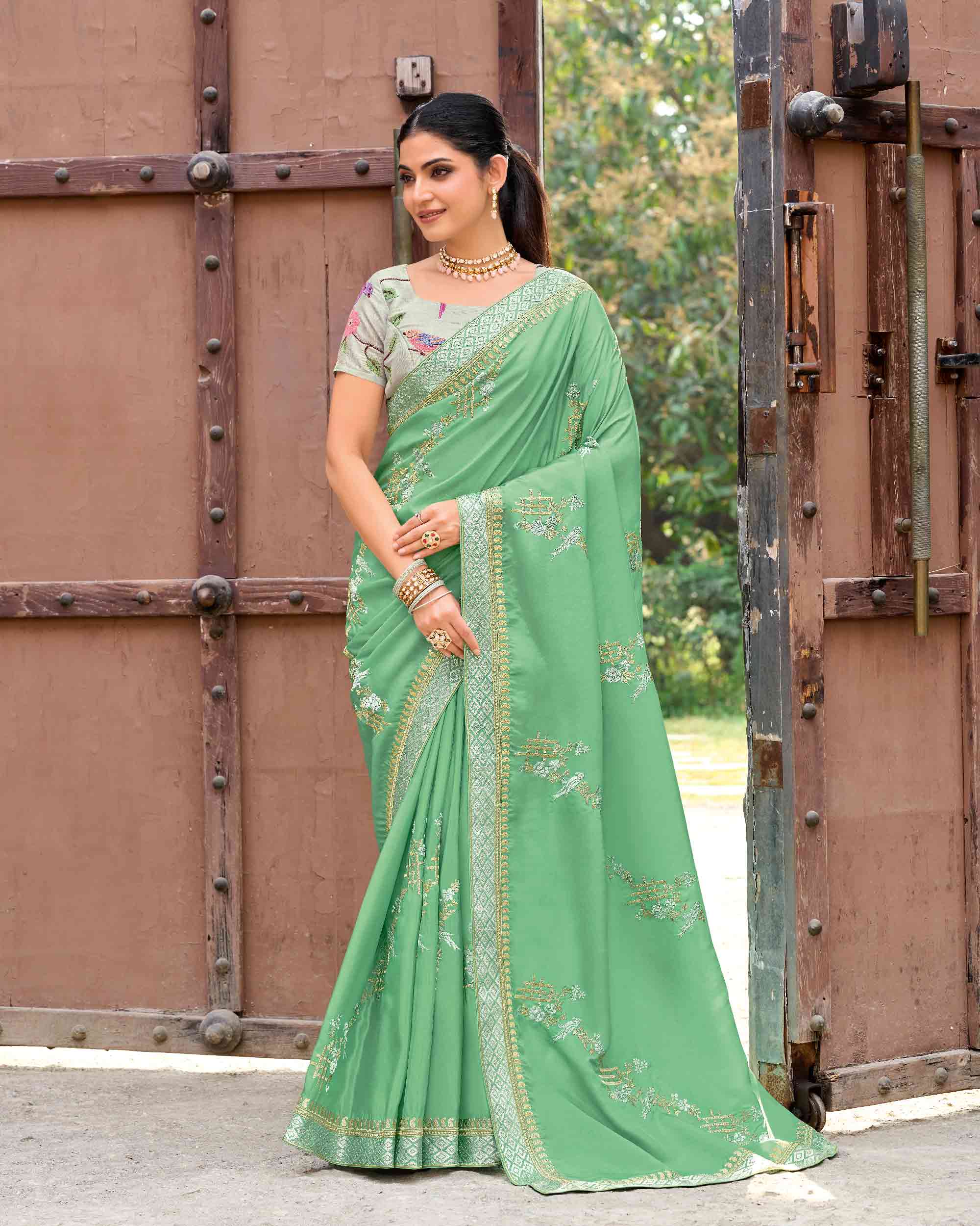 Laxmipati Makhmali Green Silk Blend Embroidered Saree