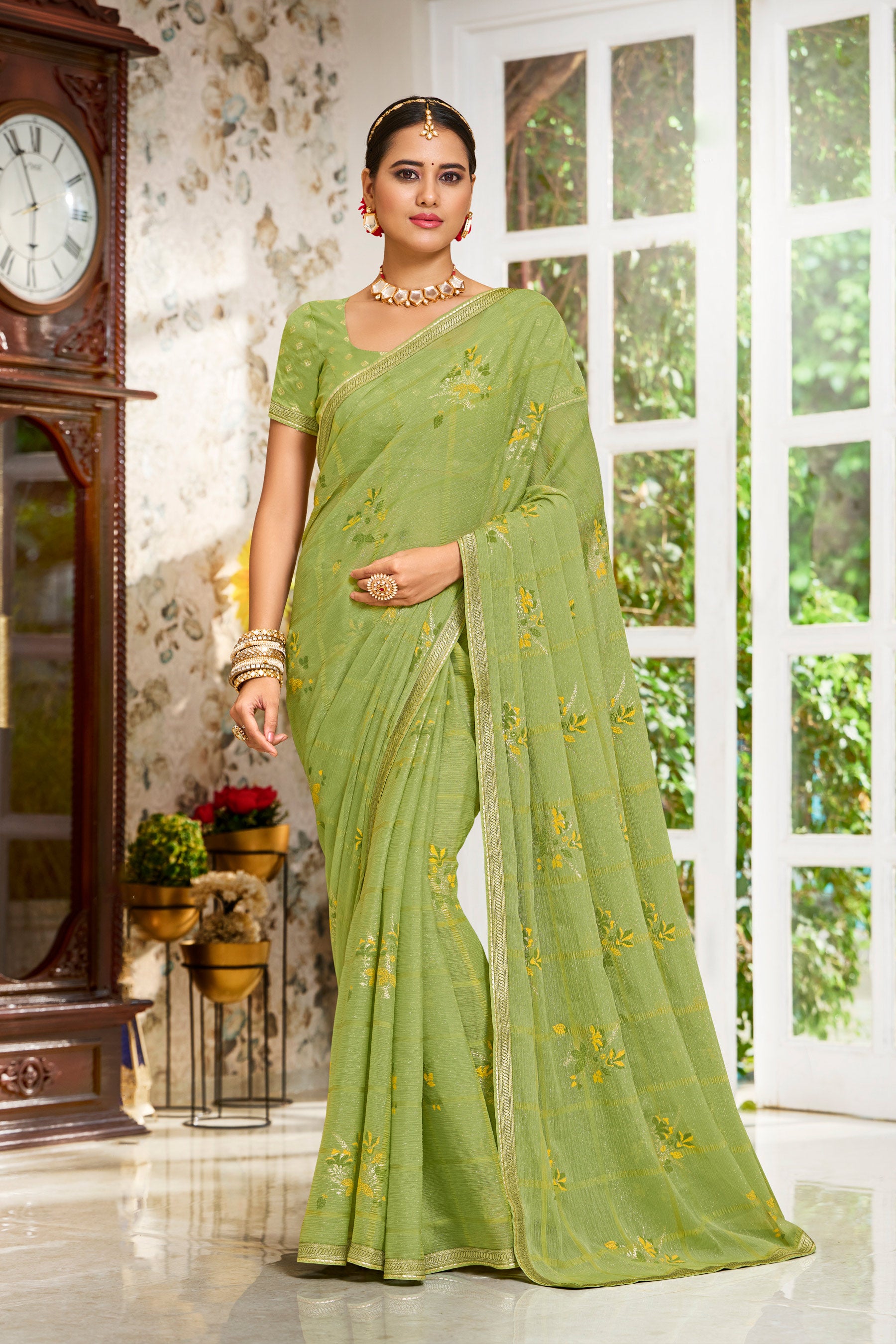 Laxmipati Zinal N-2111 Chiffon Pista Green Saree