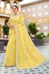 Laxmipati Malmal N-2218 Organza Lemon Yellow Saree