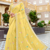 Laxmipati Malmal N-2218 Organza Lemon Yellow Saree