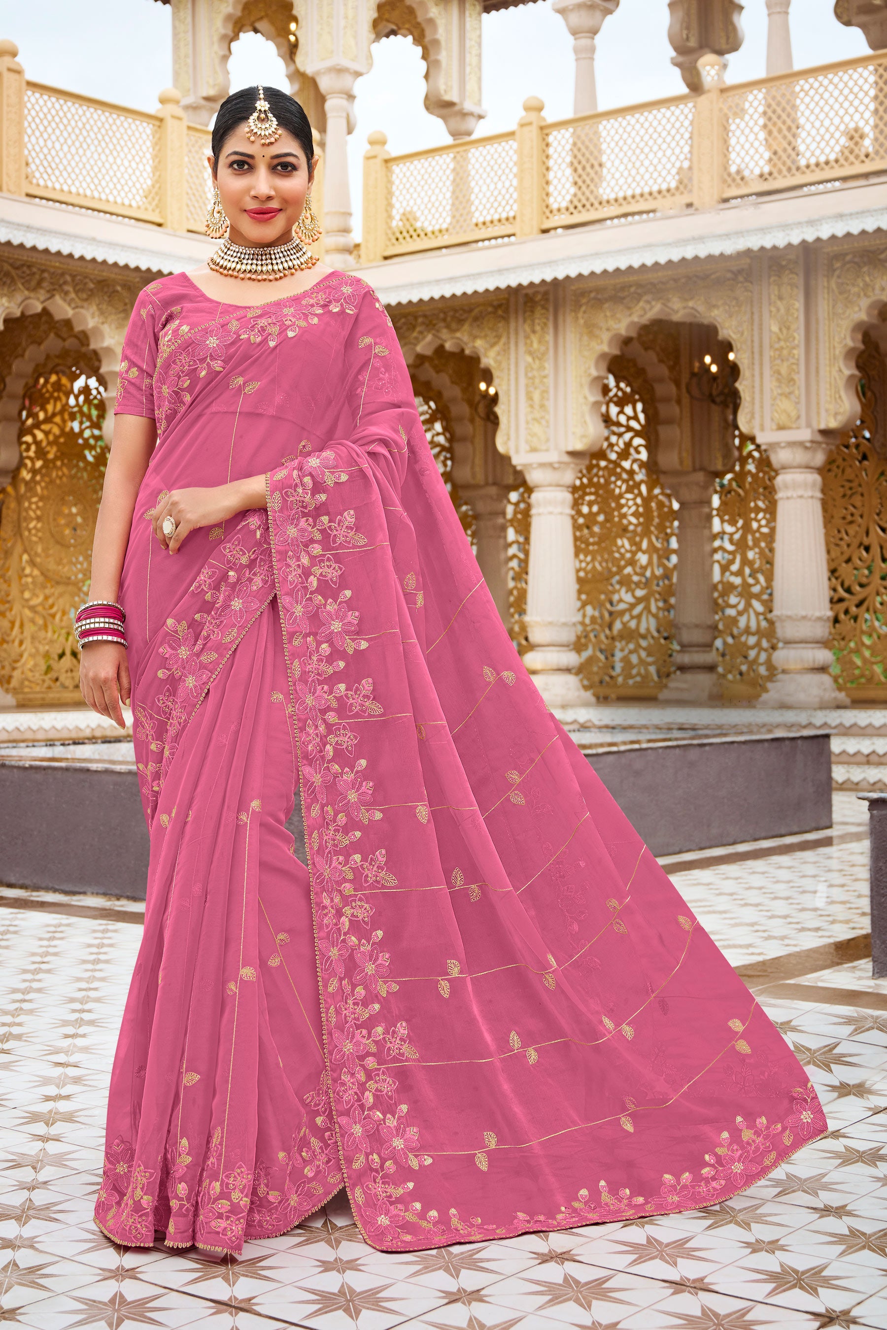 Laxmipati Malmal N-2220 Organza Pink Saree