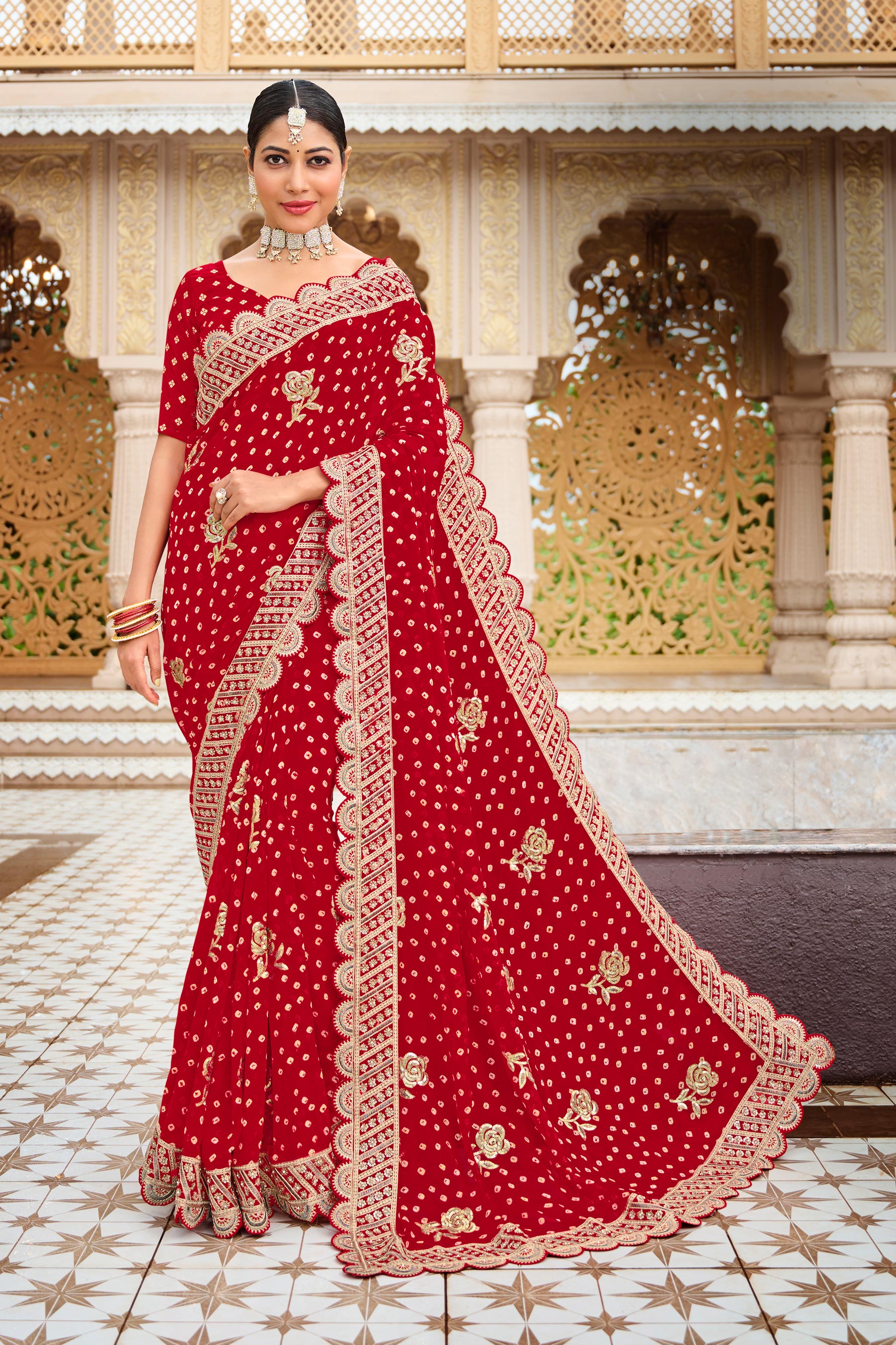 Laxmipati Malmal N-2223 Chiffon Red Saree