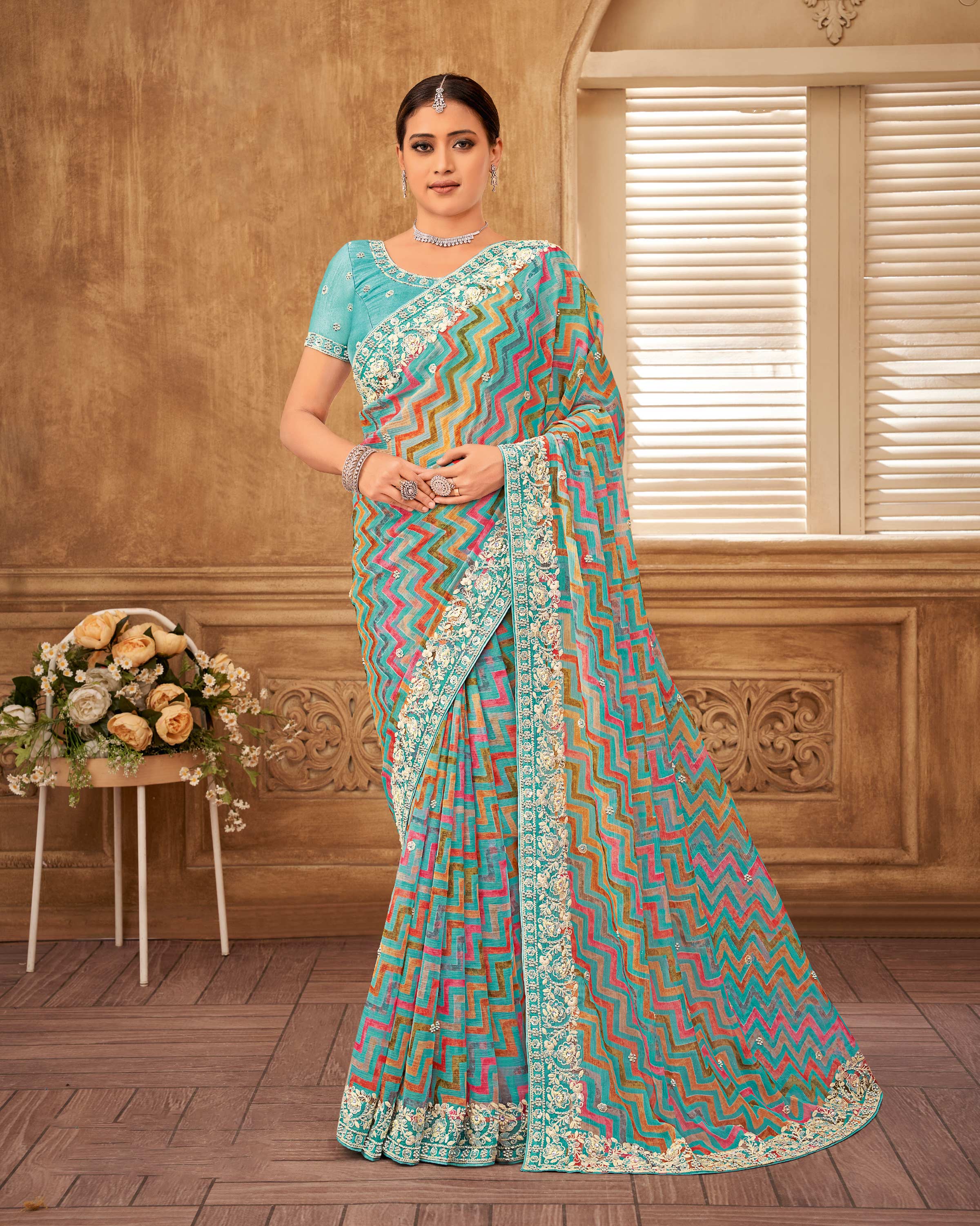 Laxmipati Gud_Chini N-2238 Chiffon Turquoise Blue Saree