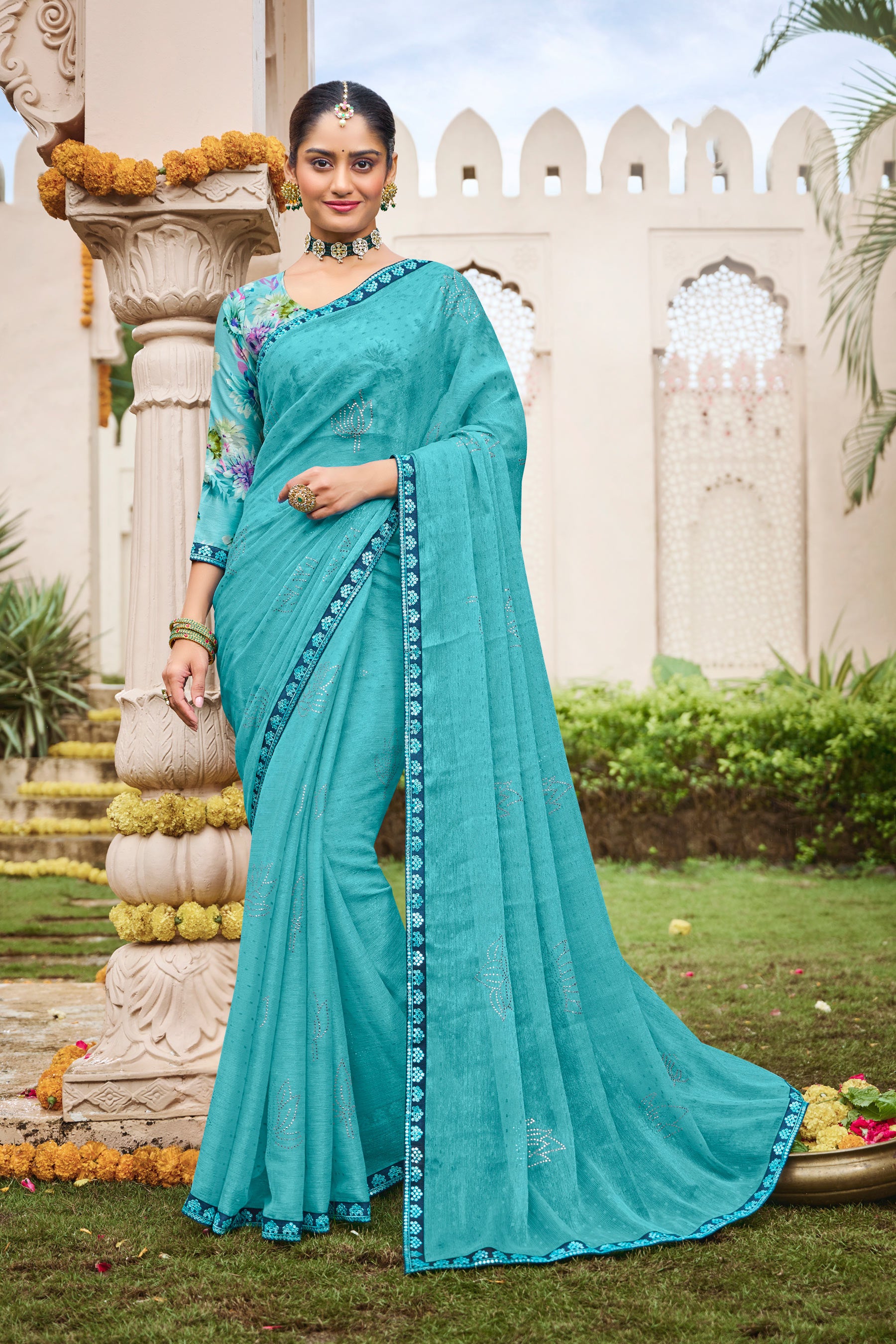 Laxmipati Dhan_Laxmi N-2266 Chiffon Light Turquoise Saree