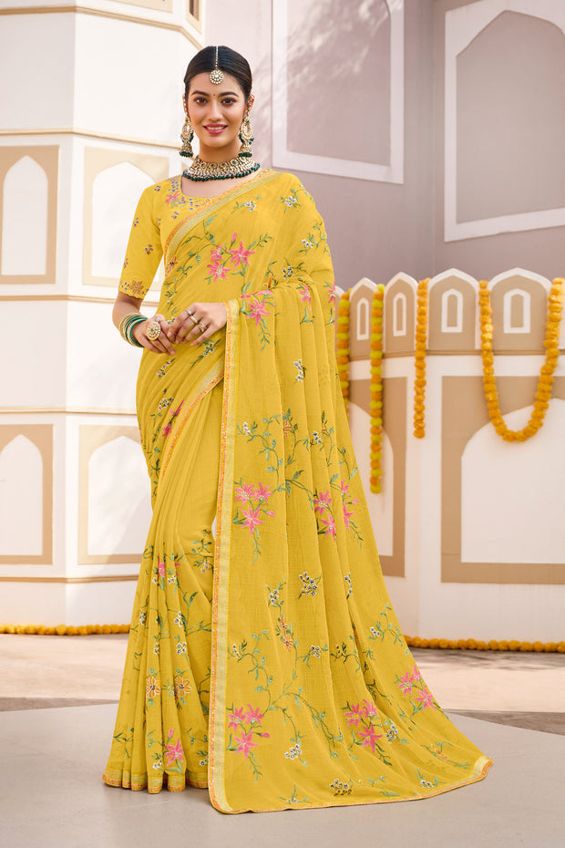 Yellow Chiffon Saree with Classy Lace Border - Laadlee