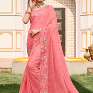 Light Pink Chiffon Saree with Classy Lace Border - Laadlee