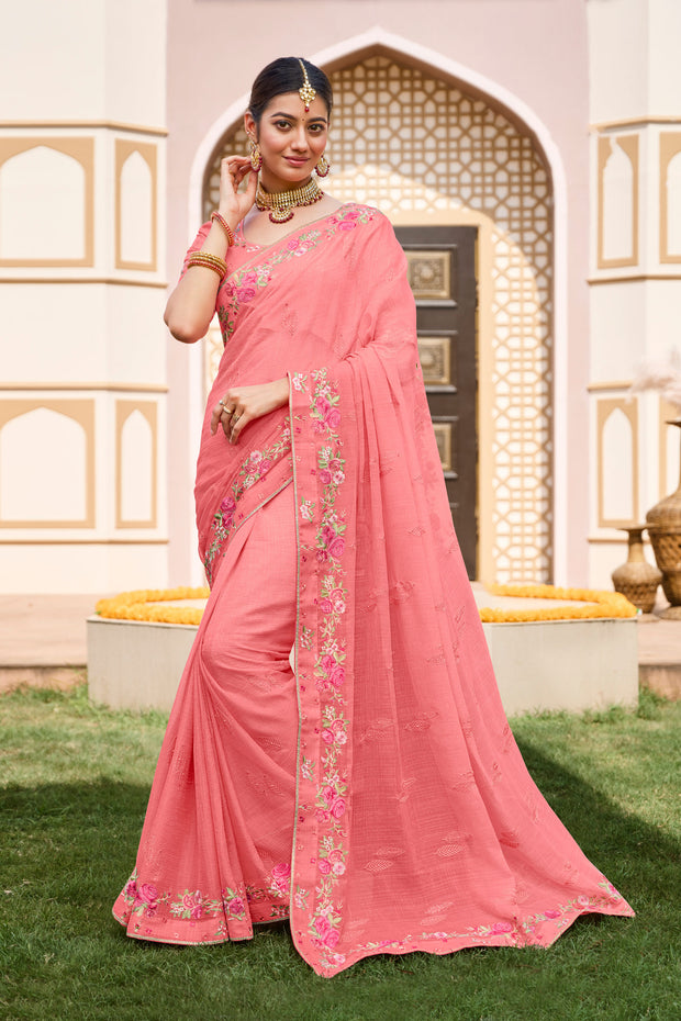 Light Pink Chiffon Saree with Classy Lace Border - Laadlee