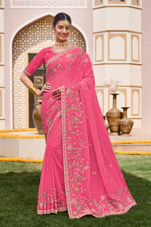 Pink Chiffon Saree with Classy Lace Border - Laadlee