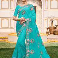Blue Chiffon Saree with Classy Lace Border - Laadlee