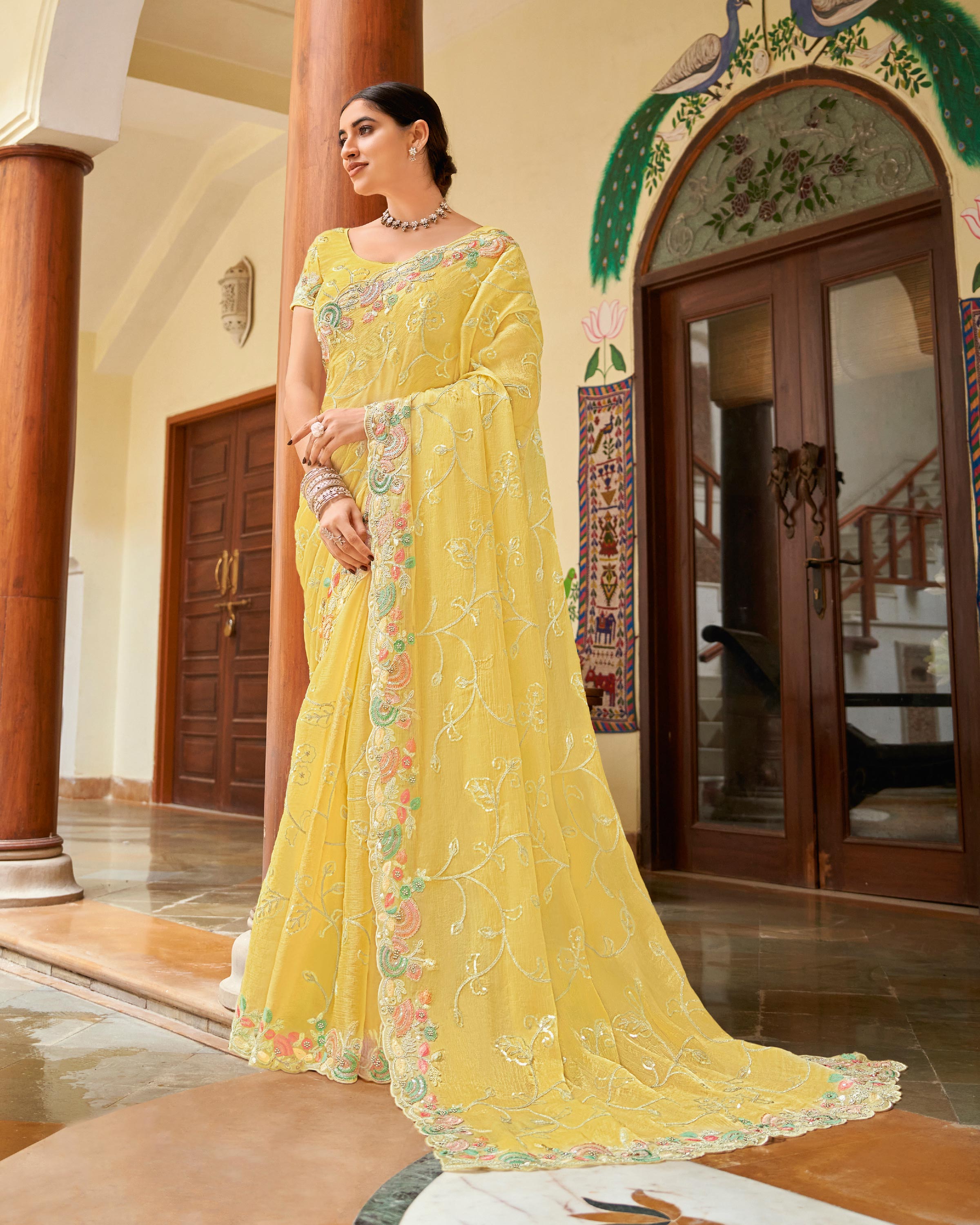 Laxmipati Manmarzi N-2326 Satin Chiffon Lemon Yellow Saree