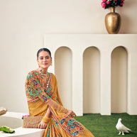 Mustard Floral Print Crepe Silk Saree - Dilkhush