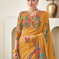 Mustard Floral Print Crepe Silk Saree - Dilkhush