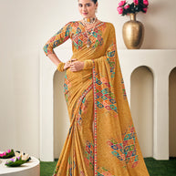 Mustard Floral Print Crepe Silk Saree - Dilkhush