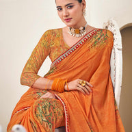 Orange Floral Print Crepe Silk Saree- Dilkhush