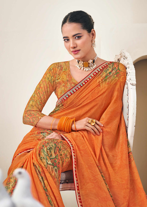 Orange Floral Print Crepe Silk Saree- Dilkhush