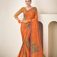 Orange Floral Print Crepe Silk Saree- Dilkhush