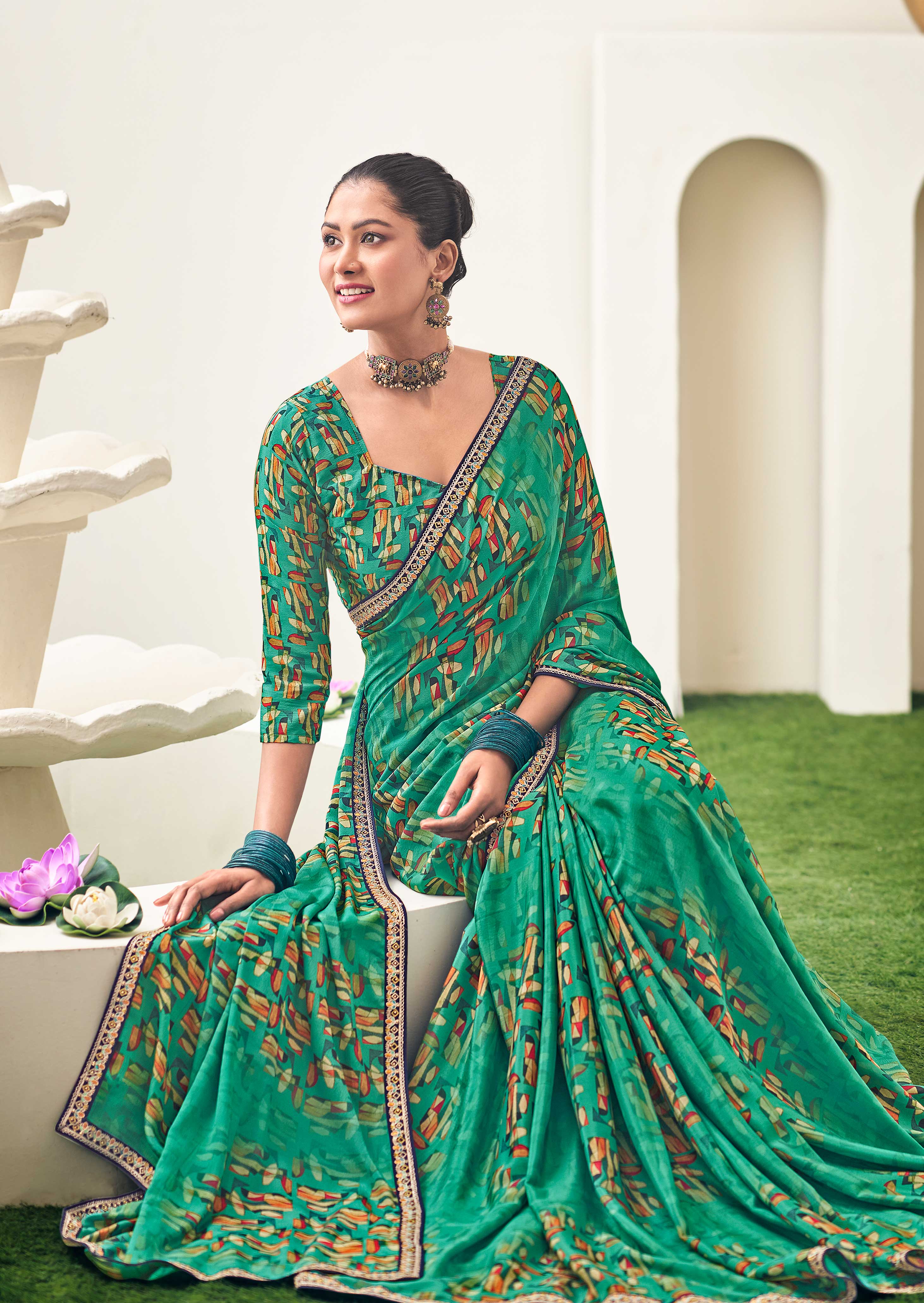 Green Crepe Silk Saree with Geometric Print- Dilkhush
