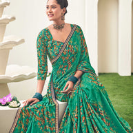 Green Crepe Silk Saree with Geometric Print- Dilkhush