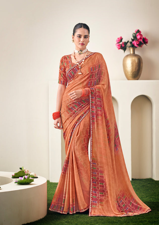 Orange Crepe Silk Saree with Geometric Print- Dilkhush
