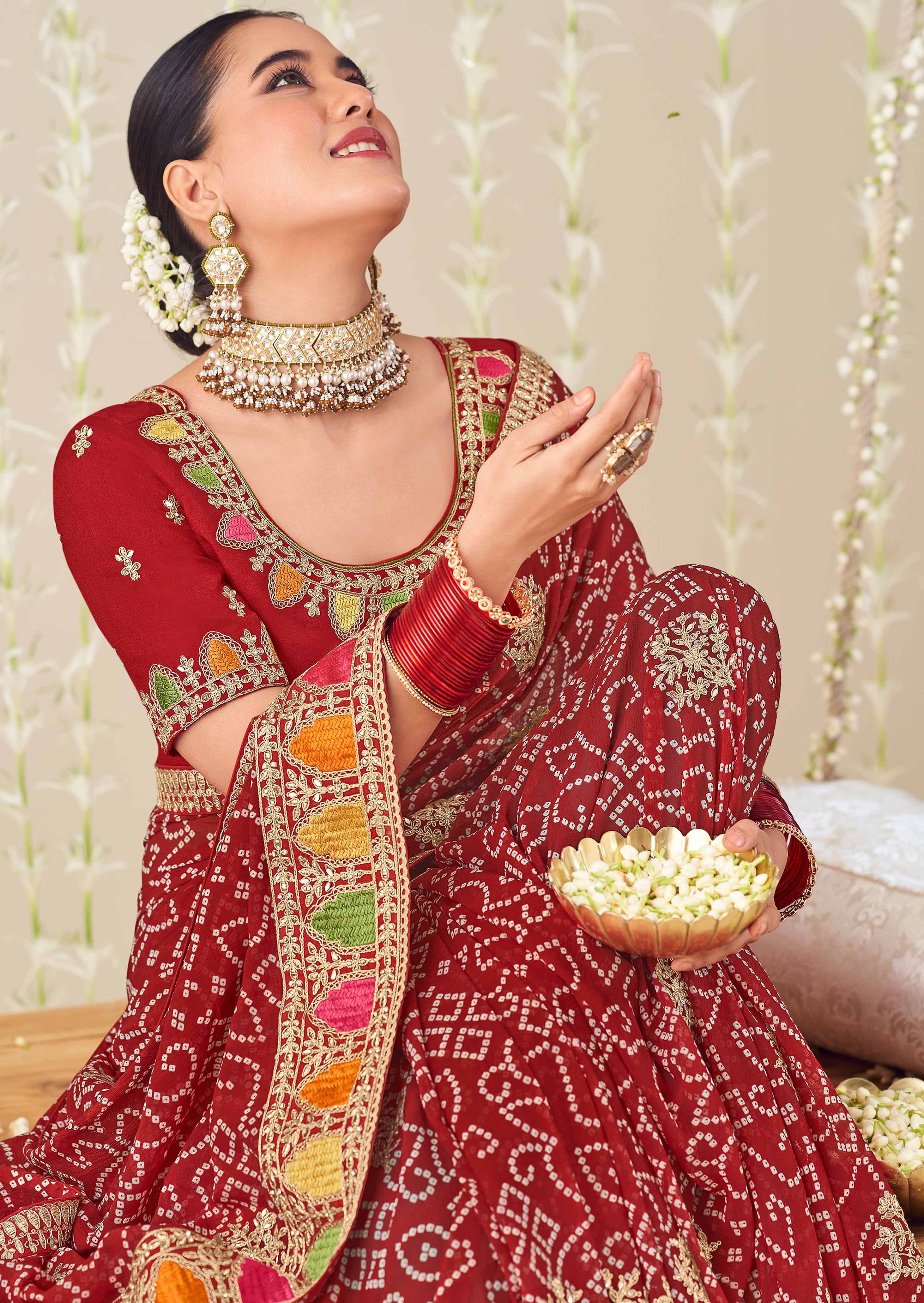 Laxmipati Nazakat Floral Embroidered Chiffon Saree in Red Color with Unstitched Blouse
