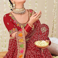 Laxmipati Nazakat Floral Embroidered Chiffon Saree in Red Color with Unstitched Blouse