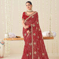 Laxmipati Nazakat Floral Embroidered Chiffon Saree in Red Color with Unstitched Blouse