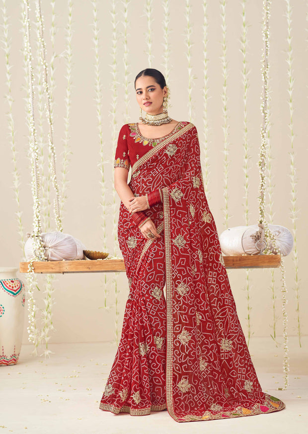 Laxmipati Nazakat Floral Embroidered Chiffon Saree in Red Color with Unstitched Blouse