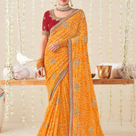 Laxmipati Nazakat Floral Embroidered Chiffon Saree in Orange Color with Unstitched Blouse