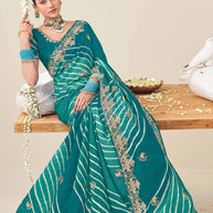 Laxmipati Nazakat Floral Embroidered Chiffon Saree in Teal Blue Color with Unstitched Blouse