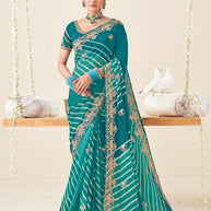 Laxmipati Nazakat Floral Embroidered Chiffon Saree in Teal Blue Color with Unstitched Blouse