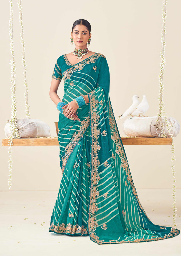 Laxmipati Nazakat Floral Embroidered Chiffon Saree in Teal Blue Color with Unstitched Blouse