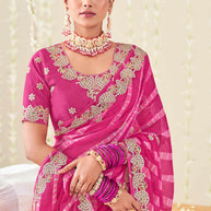 Laxmipati Nazakat Floral Embroidered Chiffon Saree in Pink Color with Unstitched Blouse