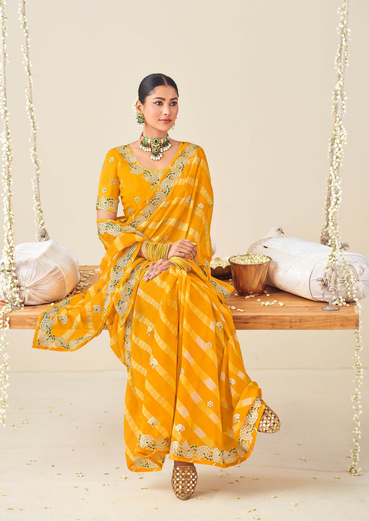 Laxmipati Nazakat Floral Embroidered Chiffon Saree in Yellow Color with Unstitched Blouse