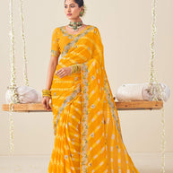 Laxmipati Nazakat Floral Embroidered Chiffon Saree in Yellow Color with Unstitched Blouse
