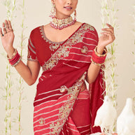Laxmipati Nazakat Floral Embroidered Chiffon Saree in Red Color with Unstitched Blouse