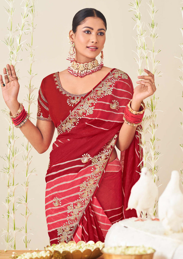 Laxmipati Nazakat Floral Embroidered Chiffon Saree in Red Color with Unstitched Blouse