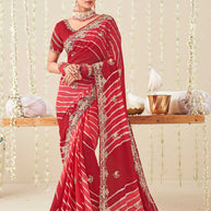 Laxmipati Nazakat Floral Embroidered Chiffon Saree in Red Color with Unstitched Blouse