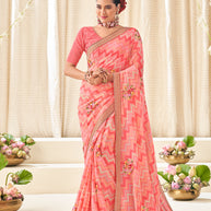 Peach Chiffon Saree with Wavy Print with Floral Embroidery - Aleena
