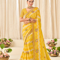Yellow Chiffon Saree with Wavy Print with Floral Embroidery - Aleena