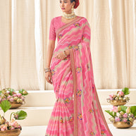 Pink Chiffon Saree with Wavy Print with Floral Embroidery - Aleena